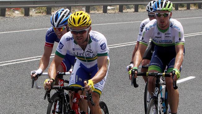 23/1/15 - Santos Tour Down Under - Stage 4 - Glenelg to Mt Barker - Jack Bobridge leads the breakaway groupat Sellicks Hill Picture Simon Cross