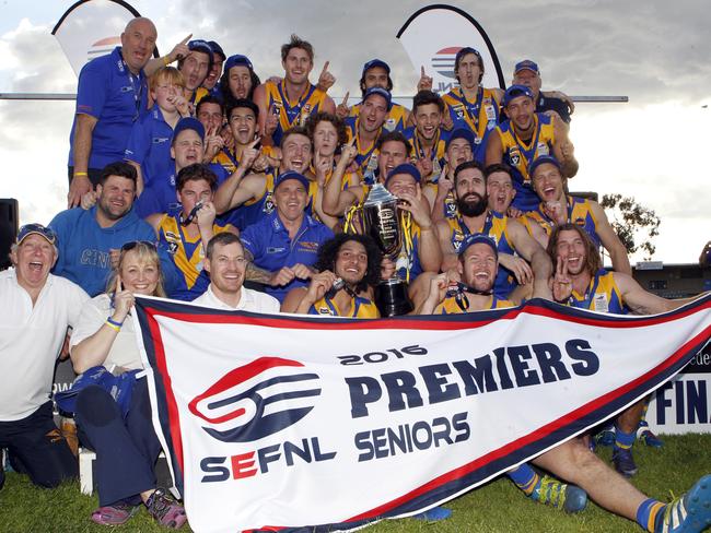 Cranbourne celebrates its 2016 premiership.