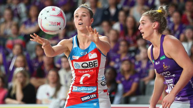 Paige Hadley of the Swifts gets a pass away during the Super Netball match in Brisbane. Picture: Getty Images