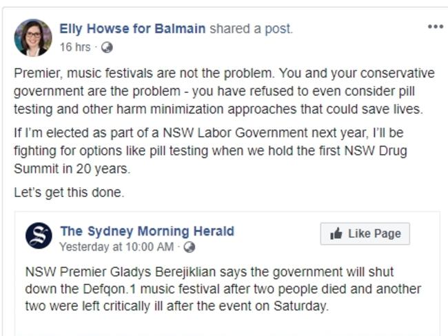 Labor candidate for Balmain called for pill testing on her Facebook page. Picture: Facebook