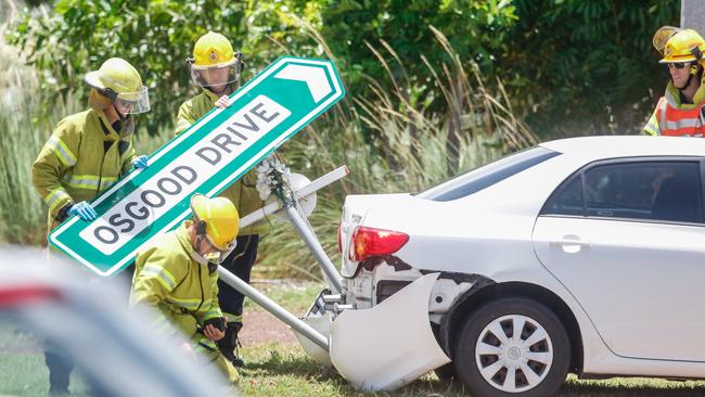 Emergency Services attend a double vehicle collision on the intersection of Bagot Rd and Osgood Drive in Darwin. Picture: Glenn Campbell