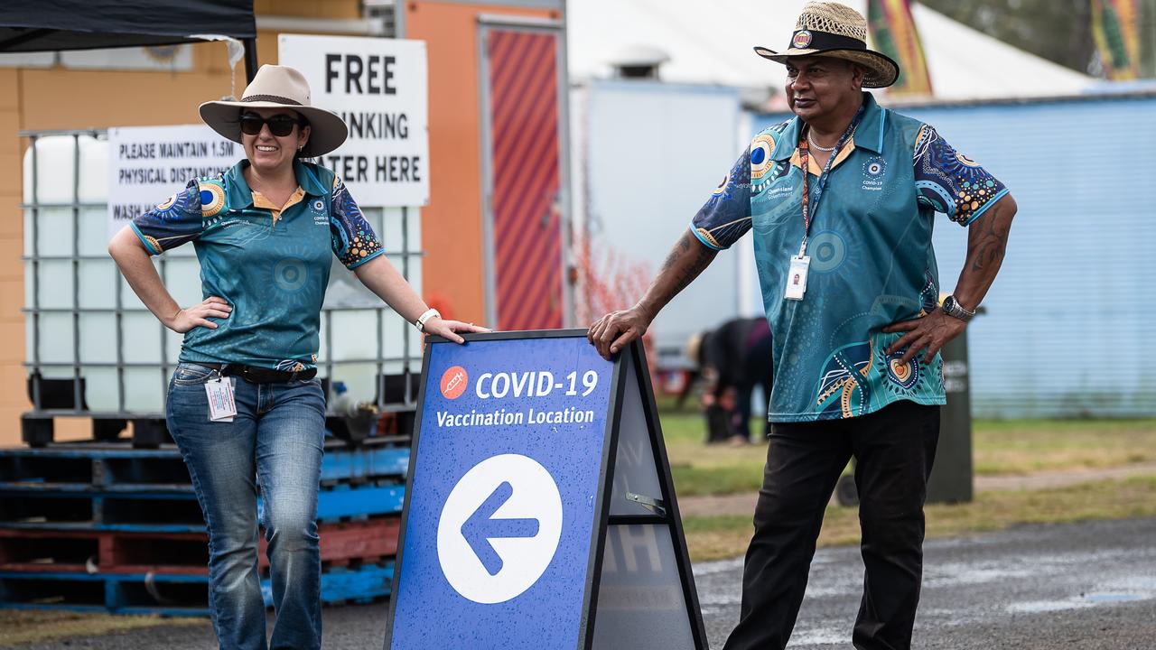 Kelly Pollock and Bevan Bingarape Greet Festival goers at the Covid-19 Vaccination Station. Picture: Emily Barker.