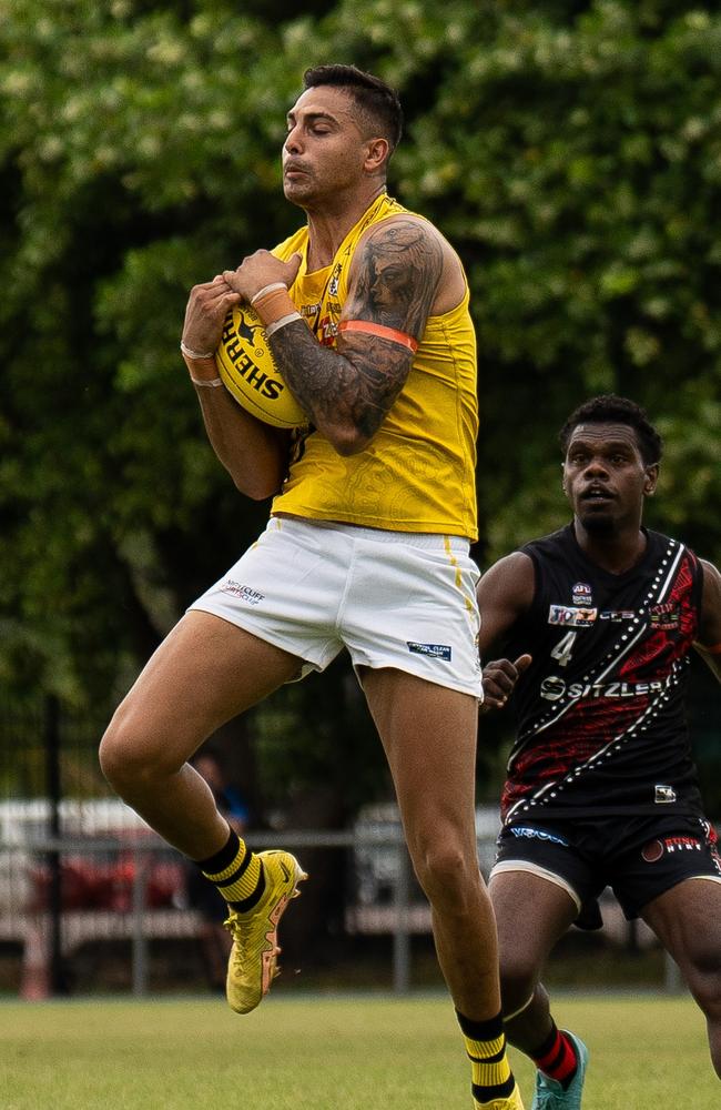 Kye Declase playing for the Nightcliff Tigers in the 2024-25 NTFL season. Picture: Jack Riddiford / AFLNT Media