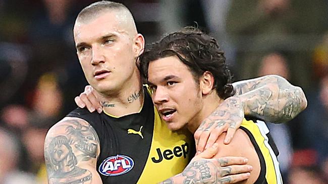 Dustin Martin and Daniel Rioli celebrate a goal for the Tigers. Picture: Getty Images