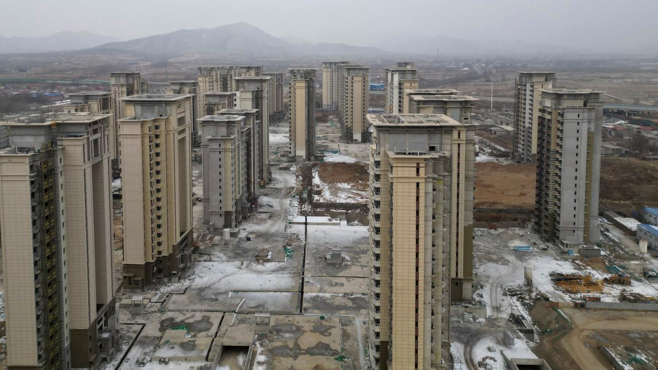 An aerial view of an unfinished residential compound developed by China Evergrande Group in the outskirts of Shijiazhuang, Hebei province. Picture: Reuters/Tingshu Wang