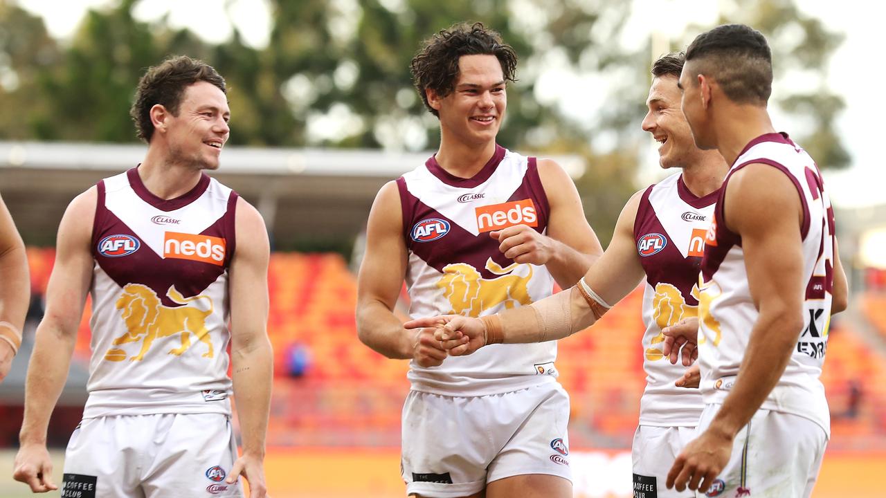 Lions teammates Lachie Neale, Cam Rayner, Lincoln McCarthy and Charlie Cameron. Picture: Mark Kolbe/Getty Images