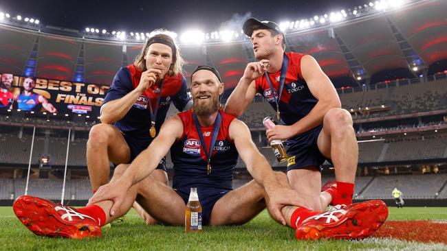 Ed Langdon, Max Gawn and Brayshaw after the grand final win. Picture: Michael Willson/AFL Photos