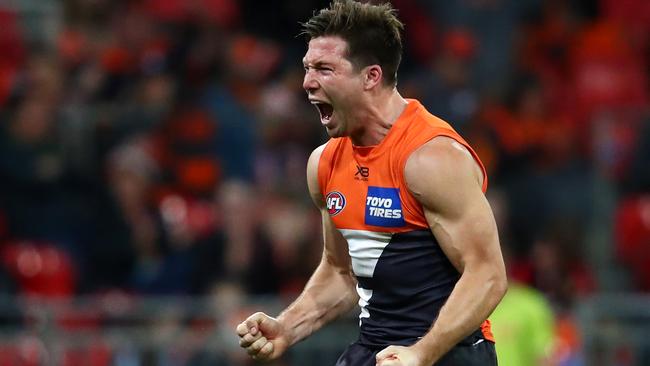 Toby Greene of the Giants celebrates kicking a goal against the Magpies at GIANTS Stadium. Picture: Getty Images