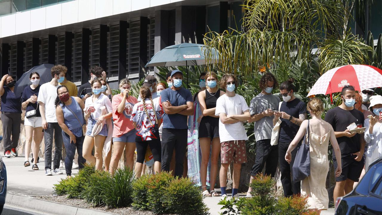 People line up for Covid testing at the Royal Women's Hospital in Brisbane. Picture: NCA NewsWire/Tertius Pickard