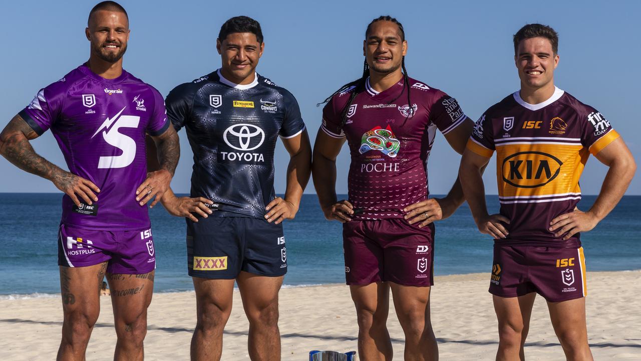 Sandor Earl of the Storm, Jason Taumalolo of the Cowboys Martin Taupau of the Sea Eagles and Brodie Croft of the Broncos during the NRL Nines launch in Perth. (Photo by Will Russell/Getty Images)