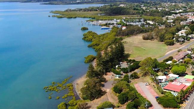 Toondah Harbour from the air, showing the ferry and barge terminal at the top of the photo and GJ Walter Park and the Grand View Hotel in the foreground. Picture: Supplied