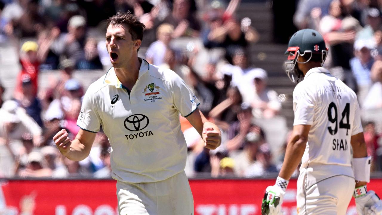 Australian bowler Pat Cummins celebrates dismissing Pakistan’s Shan Masood. Photo by William WEST / AFP
