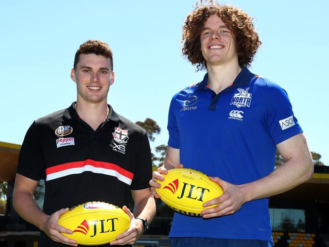 St Kilda’s Blake Acres and North Melbourne’s Ben Brown at the JLT Cup launch in Weribee. Picture: AFL Media/Getty Images