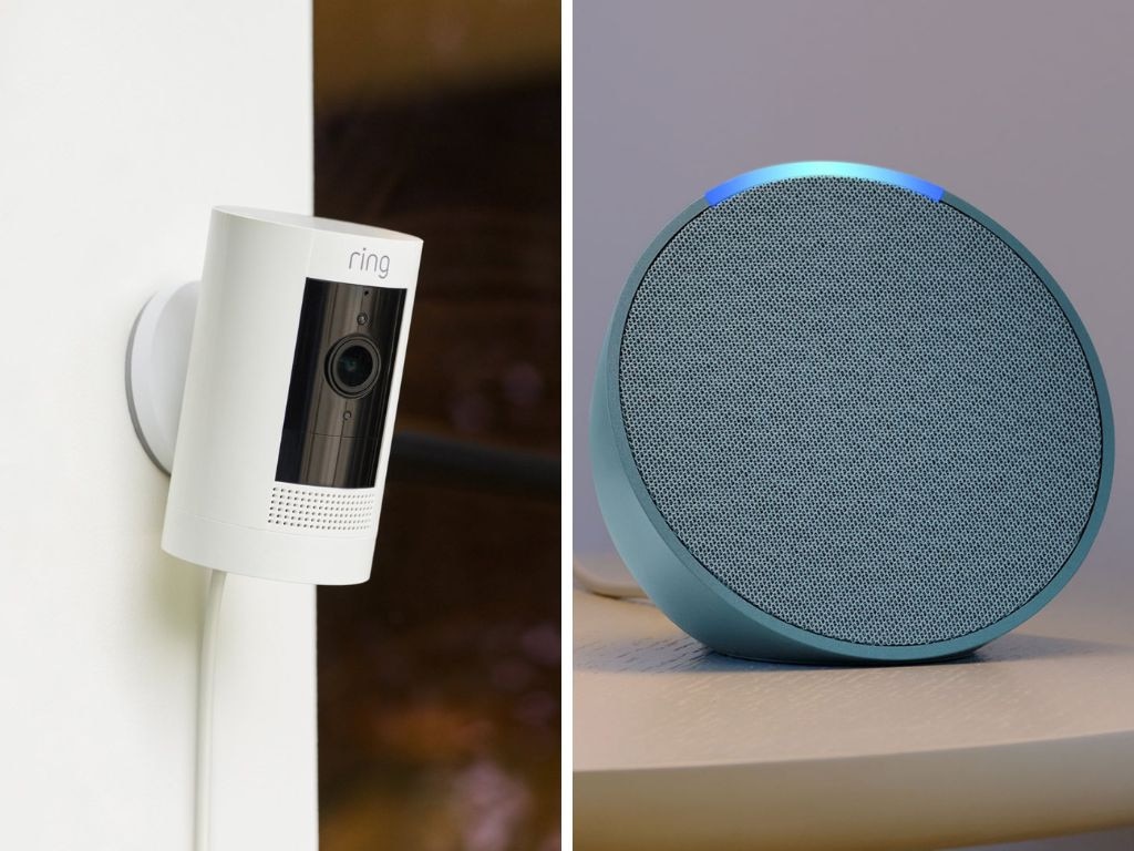 Stay connected with smart home devices like the Ring Plug-in Indoor Camera (left) and the Echo Pop Smart Speaker (right). Picture: Amazon Australia.