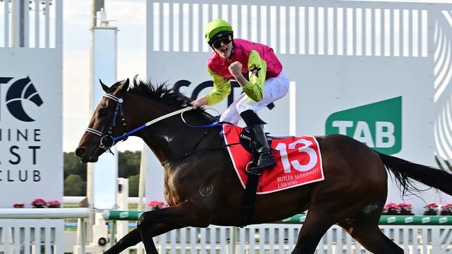 Knight's Choice wins the Group 3 Winx Guineas on the Sunshine Coast for trainers Sheila Laxon and John Symons and apprentice jockey Jaden Lloyd. Picture: Grant Peters, Trackside Photography