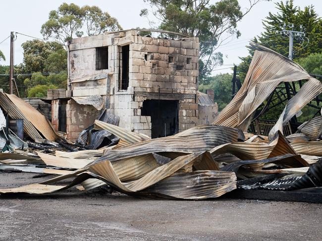 The burnt-out remains of the Nangwarry Saints Football clubrooms. Picture: Frank Monger