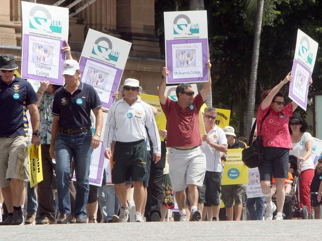 Catholic teachers strike for higher wages in Brisbane City CBD.