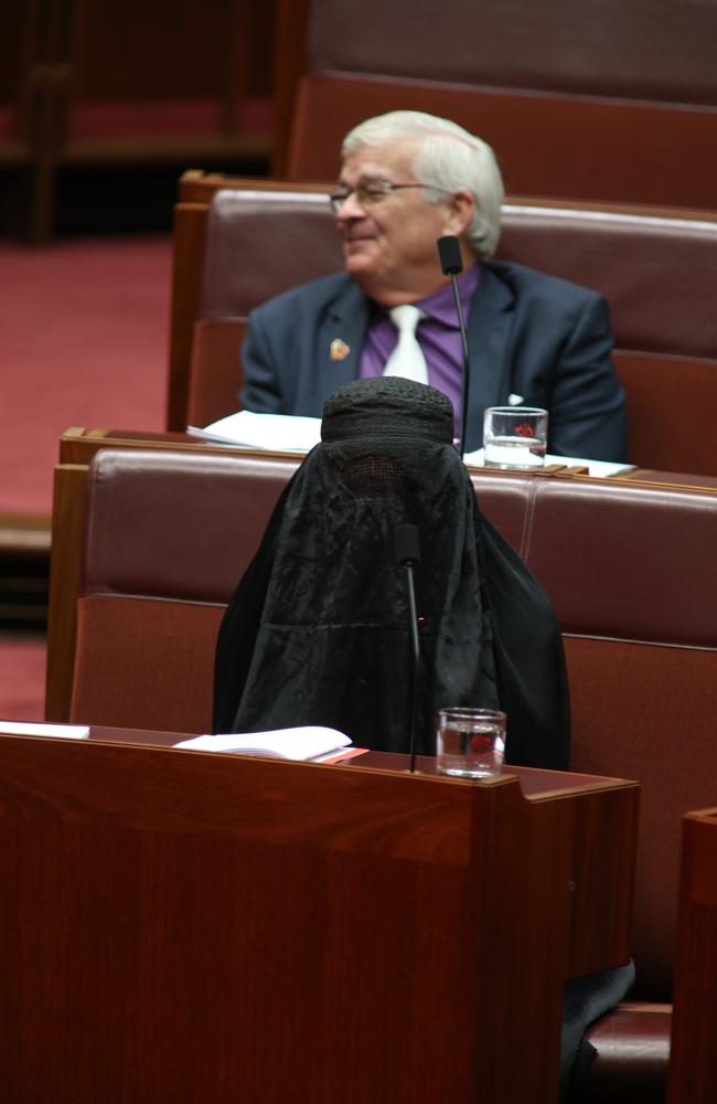 Senator Pauline Hanson wearing a burqa in the Senate. Picture: Gary Ramage