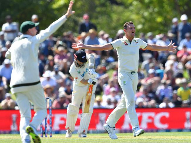 Australia's Josh Hazlewood appeals for a leg before wicket decision against New Zealand's Kane Williamson. Picture: AFP