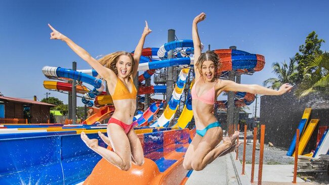 Caitlin Fegan, 21 and Tarnequa Pettet, 22, from the Gold Coast are excited at the official launch of the Fully 6 waterslides at WhiteWater World. Picture: Nigel Hallett