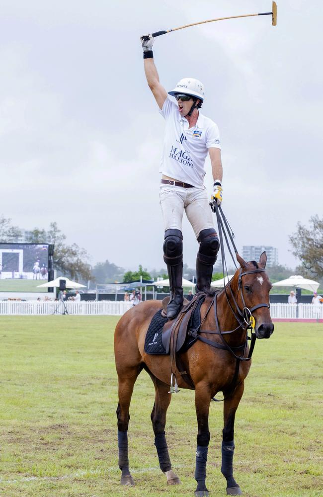 Nacho Figueras entertains the crowd at the Magic Millions Polo. Picture by Luke Marsden.