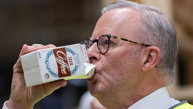 Anthony Albanese, drinking an iconic South Australian dairy drink, was at a TAFE in Tonsley, in the electorate of Boothby on Thursday. Picture: Jason Edwards / NewsWire