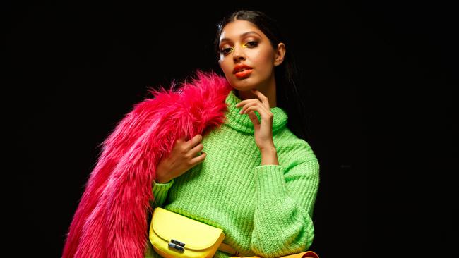 Tiki from The Models wearing neon fashion from Bardot and Myer. Picture: Matt Turner