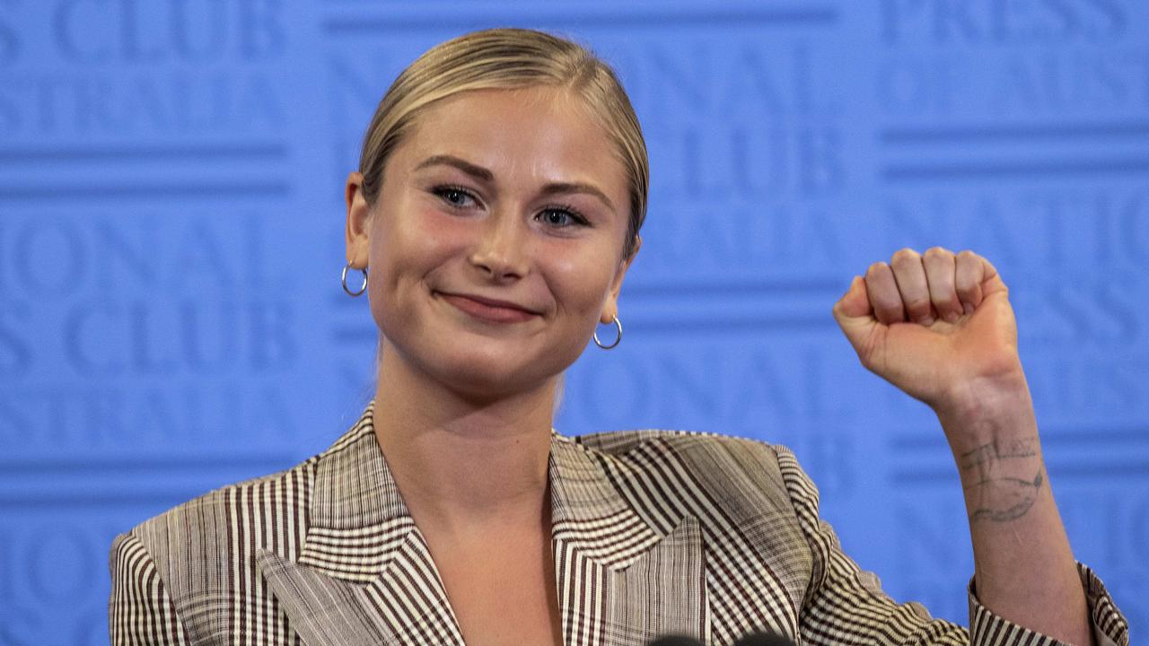 Australian of the Year Grace Tame speaking at the National Press Club in Canberra. Picture: NCA NewsWire/Gary Ramage