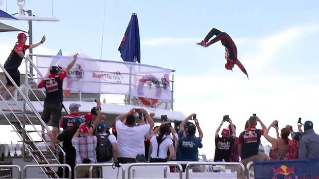 Still from video of Jamie Whincup backflipping off a boat to celebrate his 2017 Supercars Championship win. Pic: FOX SPORTS