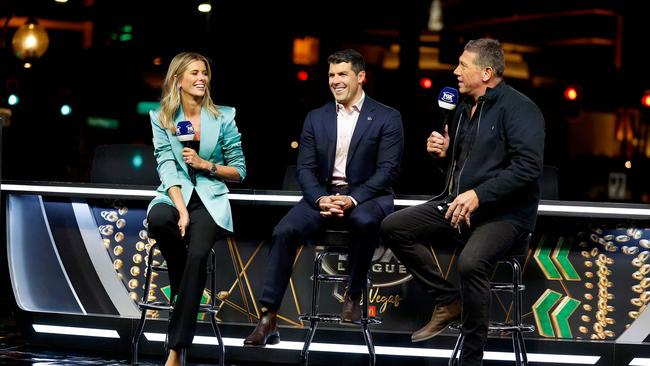 Fox league commentators Lara Pitt, Michael Ennis and Bryan Fletcher talk on stage during Fox League's NRL Las Vegas Launch. Picture: AFP