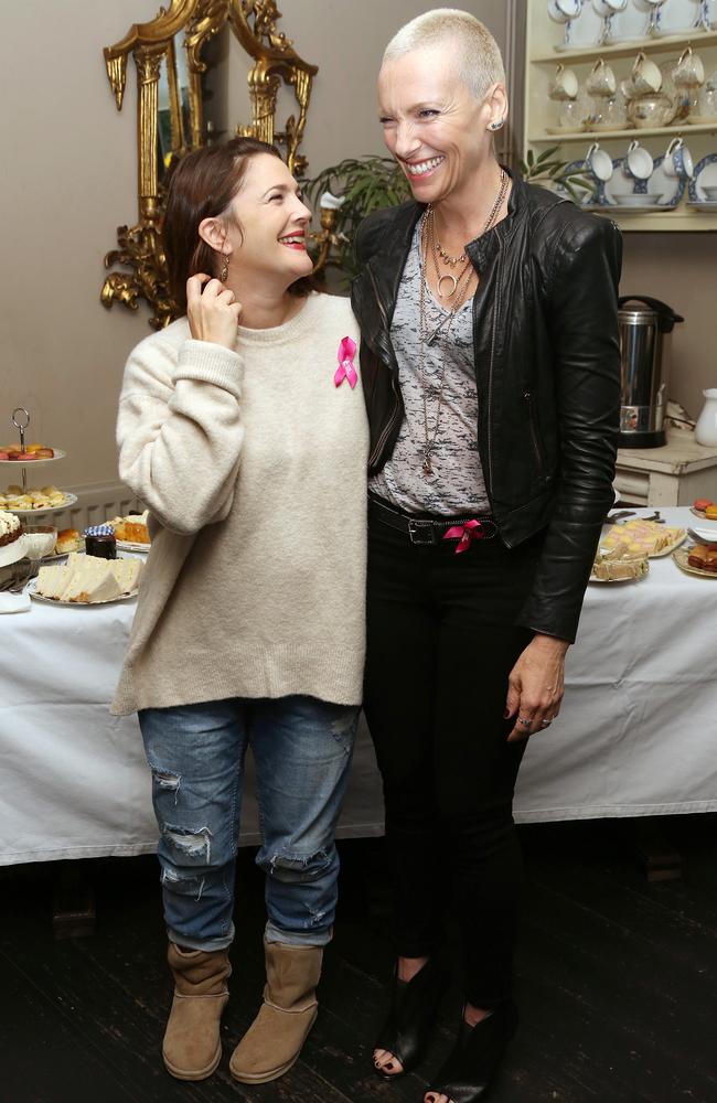 Drew Barrymore and Toni Collette supporting Breast Cancer Awareness month.