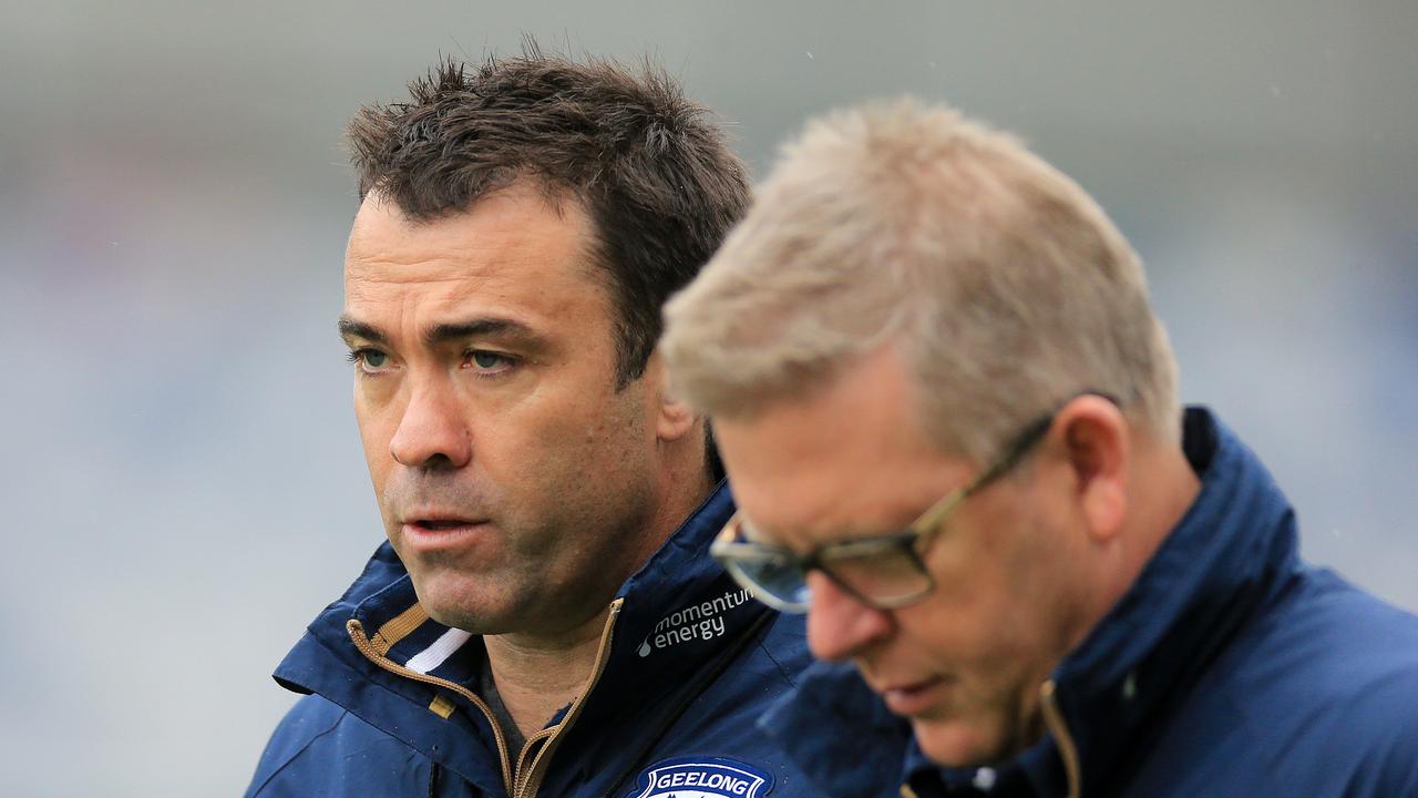 Cats coach Chris Scott and Steve Hocking. Picture: Peter Ristevski