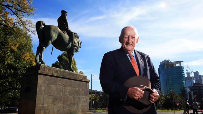 Tim Fischer at the Sir John Monash statue in Kings Domain in Melbourne in 2018. Picture: Aaron Francis/The Australian