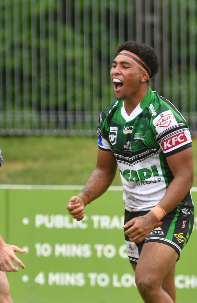 Townsville Blackhawks Jamal Shibasaki scores try. Picture: Evan Morgan