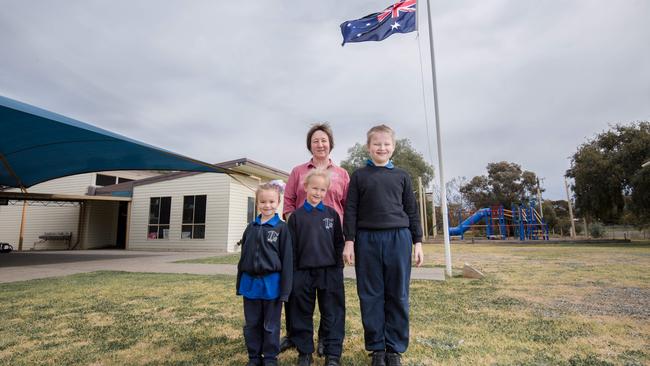 Ultima Primary School teacher and principal Sandi Spittal with students. Picture: Jason Edwards