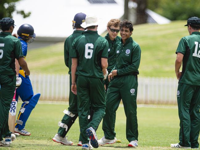 Brisbane Boys College (BBC) bowler D'Arcy Satharasinghe (centre) celebrates after Oliver Lockwood of Toowoomba Grammar School (TGS) is caught and bowled in round 1 GPS Competition 1st cricket at Mills Oval, TGS, Saturday, February 1, 2025. Picture: Kevin Farmer