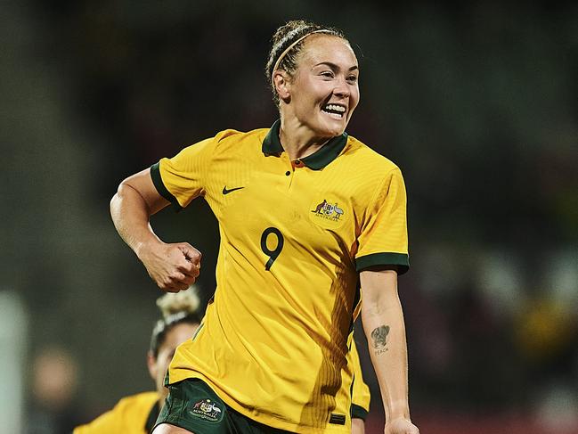 VIBORG, DENMARK - OCTOBER 11: Caitlin Foord of CommBank Matildas celebrating her 1-3 gaol during the Friendly Match between Denmark and CommBank Matildas at Energi Viborg Arena on October 11, 2022 in Viborg, Denmark. (Photo by Jan Christensen / Getty Images)