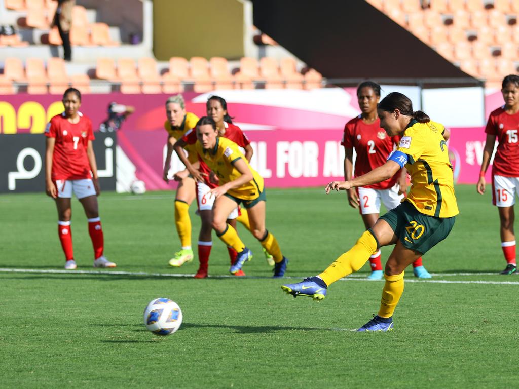 Sam Kerr slotted five goals in the rout of Indonesia. Picture: Thananuwat Srirasant/Getty Images