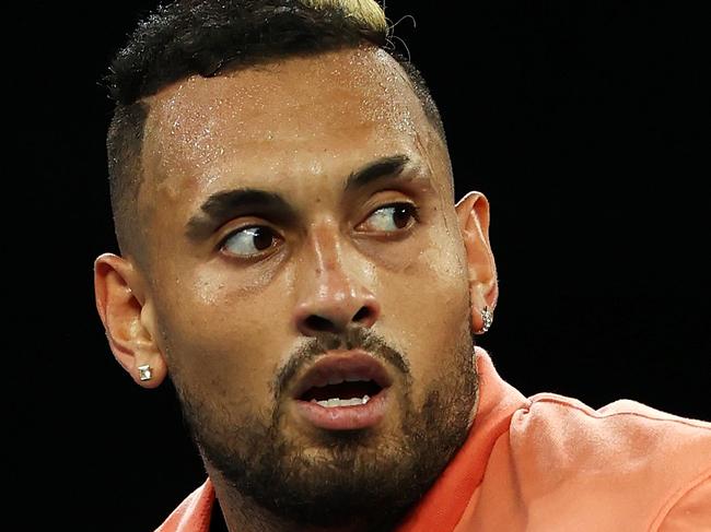 MELBOURNE, AUSTRALIA - JANUARY 23: Nick Kyrgios of Australia celebrates a point in his Men's Singles second round match against Gilles Simon of France on day four of the 2020 Australian Open at Melbourne Park on January 23, 2020 in Melbourne, Australia. (Photo by Cameron Spencer/Getty Images)