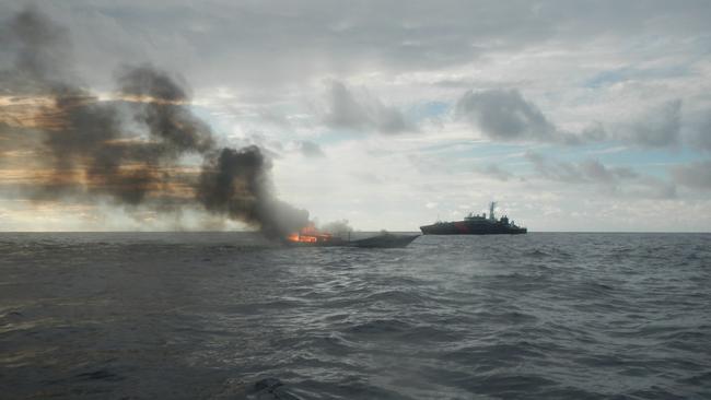 Another Indonesian boat has been destroyed at sea, after a crew of seven managed to haul more than 1000 kilograms of sea cucumber off Maningrida. Picture: Supplied.