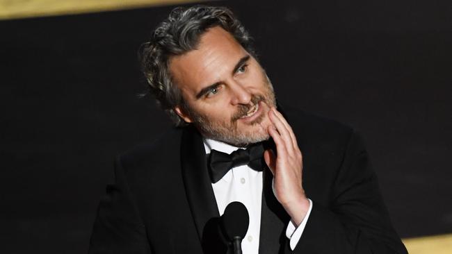 Joaquin Phoenix accepting his Oscar. Picture: Getty Images