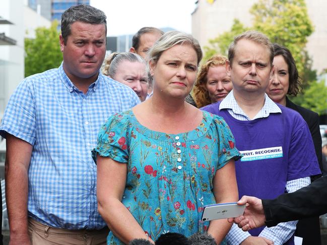 Roz Madsen from the Australian Education Union with union representatives at the Royal Hobart Hospital. Picture: NIKKI DAVIS-JONES