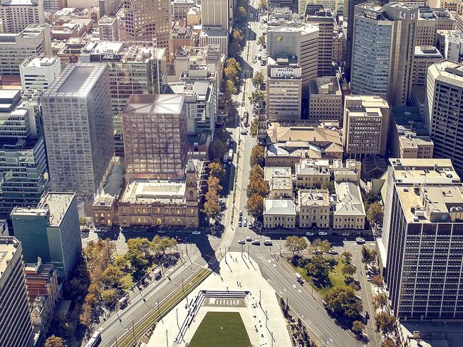 An artist’s impressions of an aerial view looking over King William St at the GPO redevelopment project.