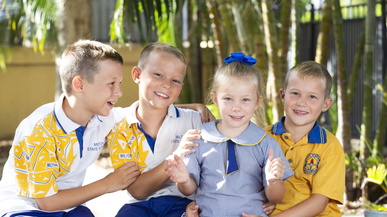 Milton State School Prep students for 2021. Jensen, Hugo Maeve and Oscar Lundberg. This is the only year the siblings will all be together at Primary School. Picture: Renae Droop