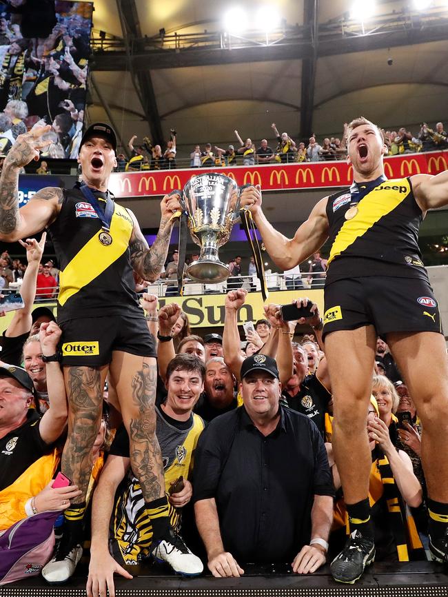 The Tigers celebrate their 2020 Premiership in Brisbane. Picture: Getty Images