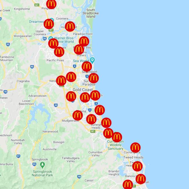 Map showing location of McDonald's restaurants on the Gold Coast.