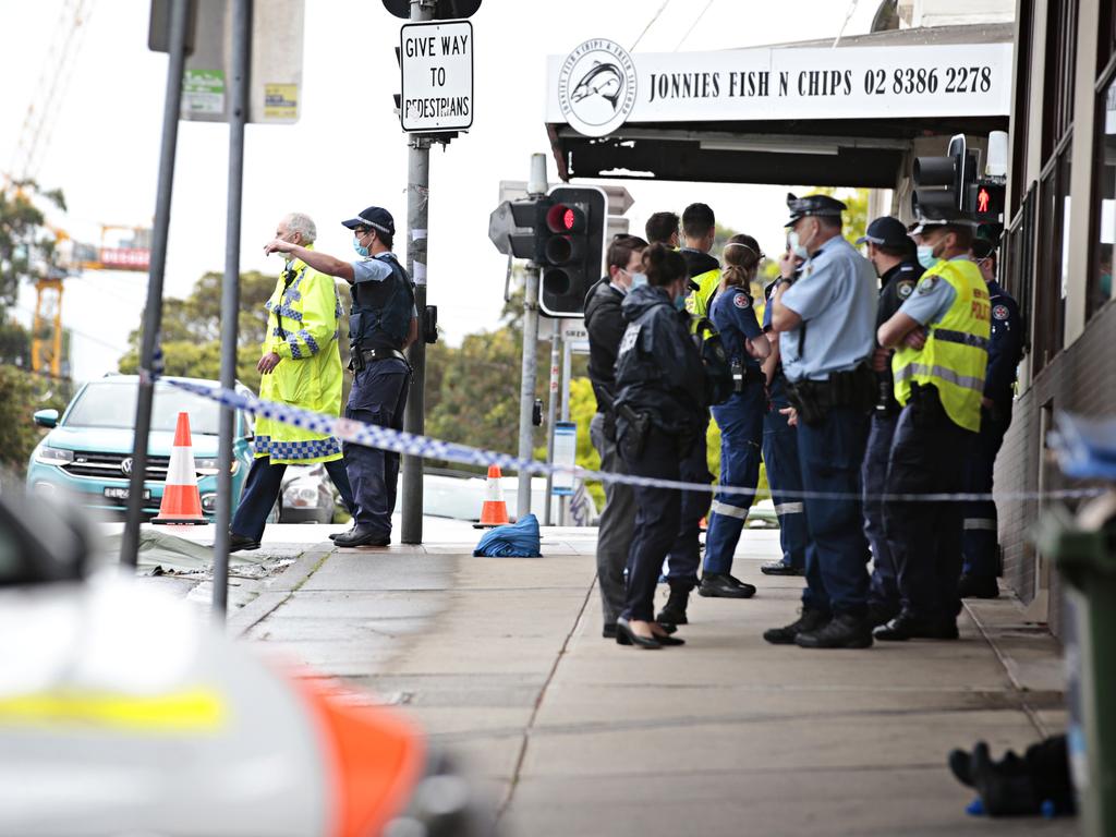 Police on the scene of the fatal pedestrian crash at the corner of Marion and Flood streets in Leichhardt. Picture: NCA NewsWire / Adam Yip