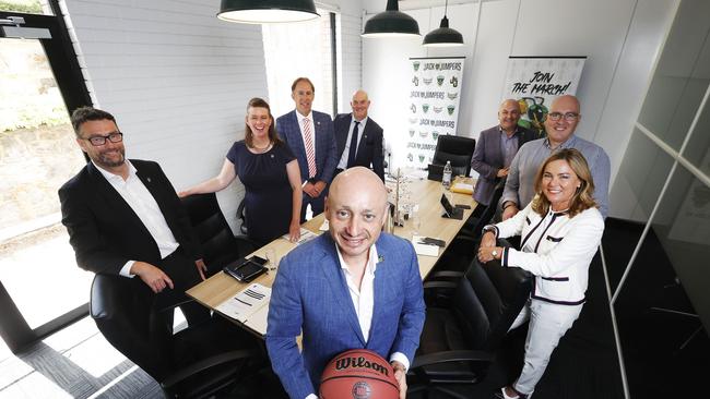 On left CEO of the Tasmania JackJumpers Simon Brookhouse alongside members of the Board (front) Larry Kestelman and (rear) LR Janie Finlay, Scott Harris, Steve Old, Damon Wise, Michael Bailey and Keryn Nylander as they held their first meeting today at their headquarters on Maquarie Street. Picture: Zak Simmonds