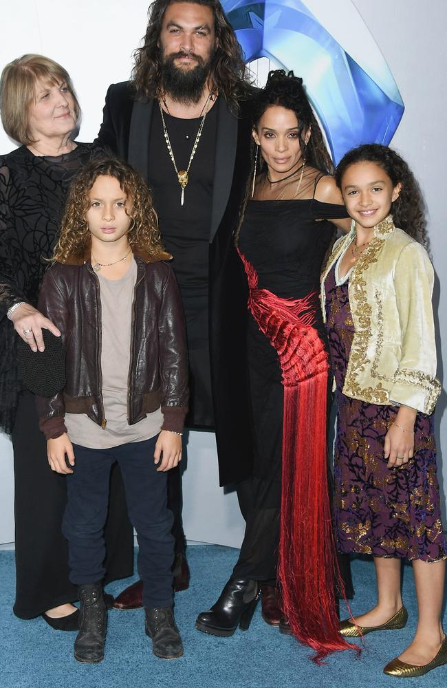 Jason Momoa’s mum Coni and the couple’s kid’s Nakoa-Wolf Manakauapo Namakaeha Momoa and Lola Iolani Momoa attend the premiere too. Picture: AFP 