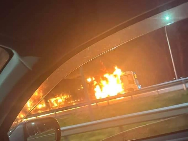 A truck caught fire following a crash in Loganlea on Tuesday night. Picture: Facebook.